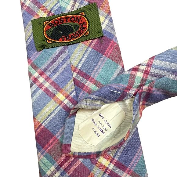 Boston Traders Madras Plaid Tie Cotton Y2K Blue Pink Preppy Spring Easter - Picture 3 of 4